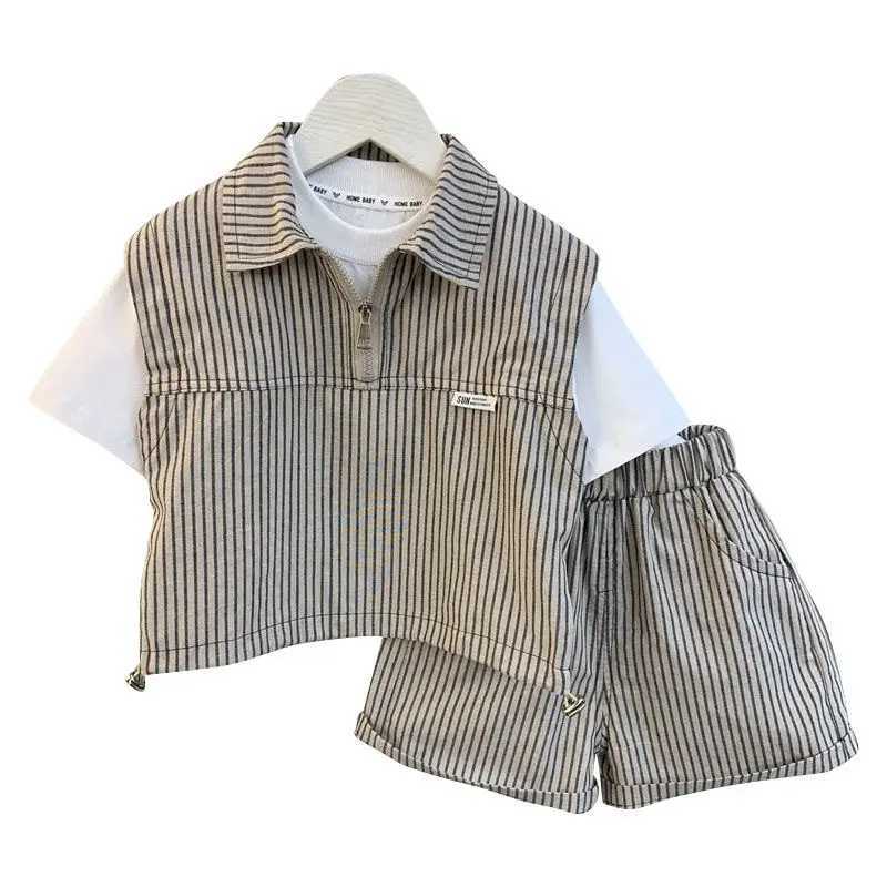 Clothing Sets Teenage Boys Summer Stripe Set Baby Childrens New Polo Set Boys Thin Short Sleeve Patch Work Shirt+Shorts 2-piece Casual Set WX