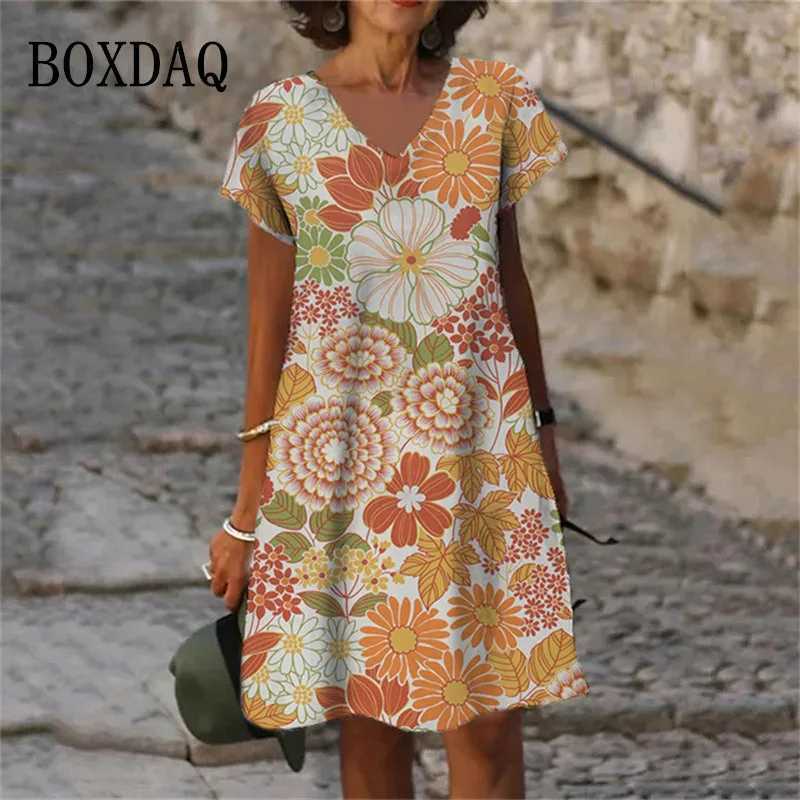 Basic Casual Dresses Women Plant Flowers 3D Print Dress 2023 Summer Oversized Clothing Casual Short Slve V-Neck Loose Dress Vestido Female Sundress Y2