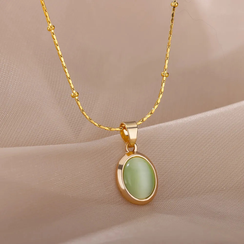 Fashion Oval Opal Pendant Necklace Stainless Steel Chain 18 K Gold Color Cute Lucky Jewelry For Women Accesorios Birthday Gift 240511