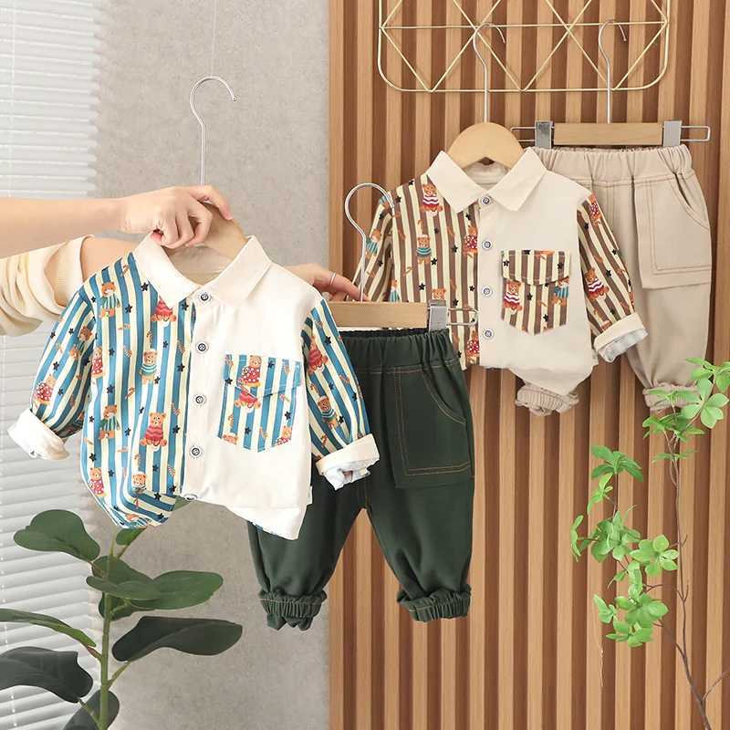 Clothing Sets New Spring Childrens Clothing Childrens Cotton Sports Full Print Striped Shirt and Pants 2 pieces/set Childrens and Boys Casual Set 1 2 