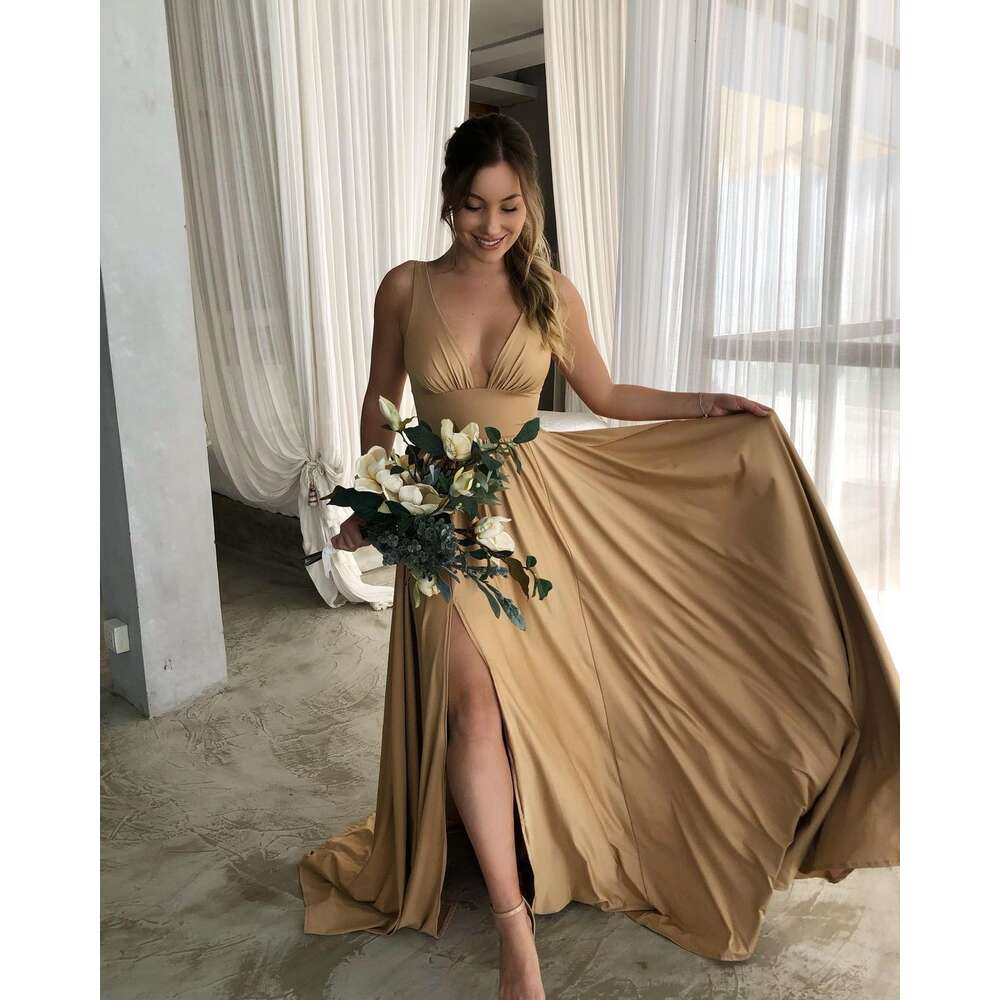 US Shipping Cozy Solid Neck Women Maxi Dress with Slit Sexy V Back Tank Sleeve Ruched Elastic Dresses for Female Party prom AMZ