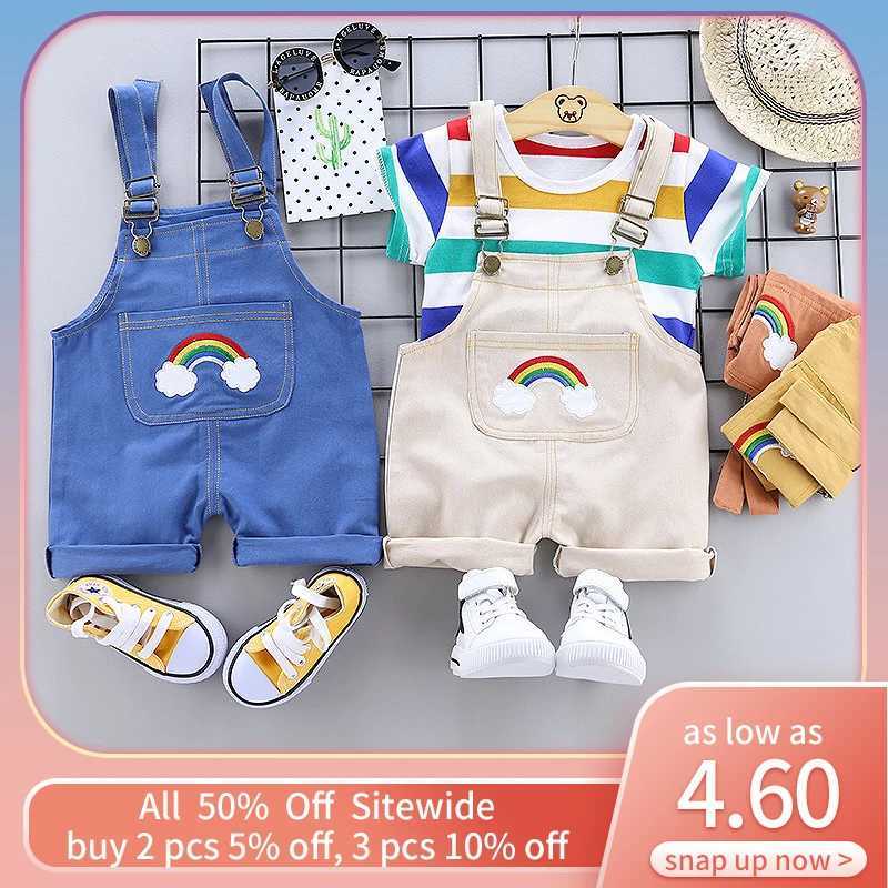 Clothing Sets 2PCS childrens summer clothing set fashionable rainbow striped T-shirt+full set of pants cotton childrens short sleeved set boys and gir