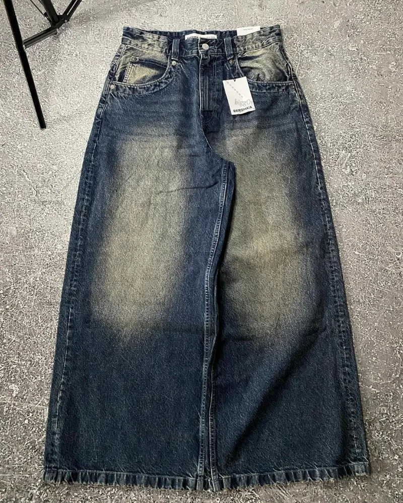 Y2k Trendy High Street Large Pocket Straight Trousers Men American Print Oversized Jeans Harajuku Casual Wide Leg Pants Women 240511
