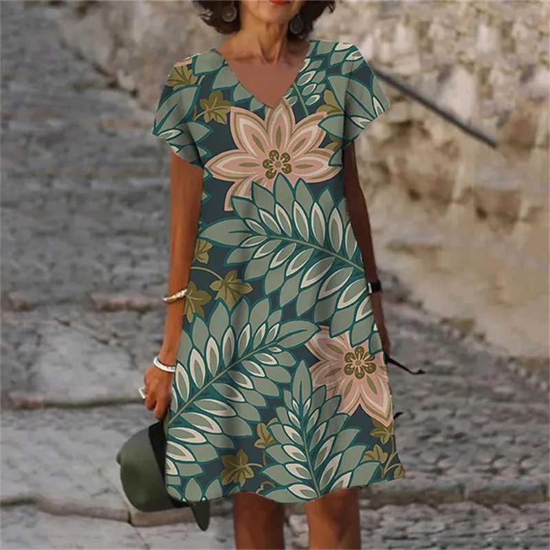 Basic Casual Dresses Women Plant Flowers 3D Print Dress 2023 Summer Oversized Clothing Casual Short Slve V-Neck Loose Dress Vestido Female Sundress Y2