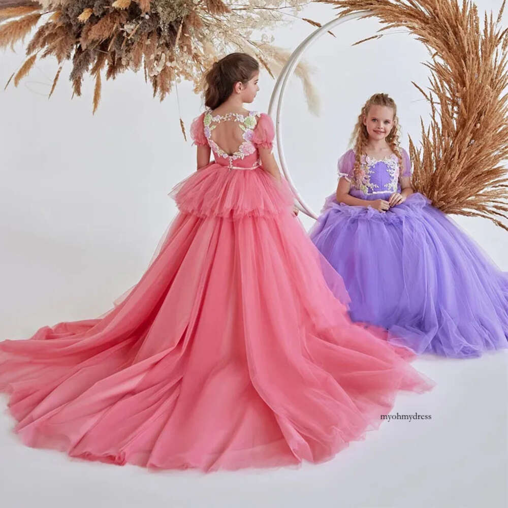 Puffy Flower Girl Dresses Sheer O Neck Hollow Back Kids Pageant Gowns Embroidery Lace Appliques Child Birthday Party Gown 0516