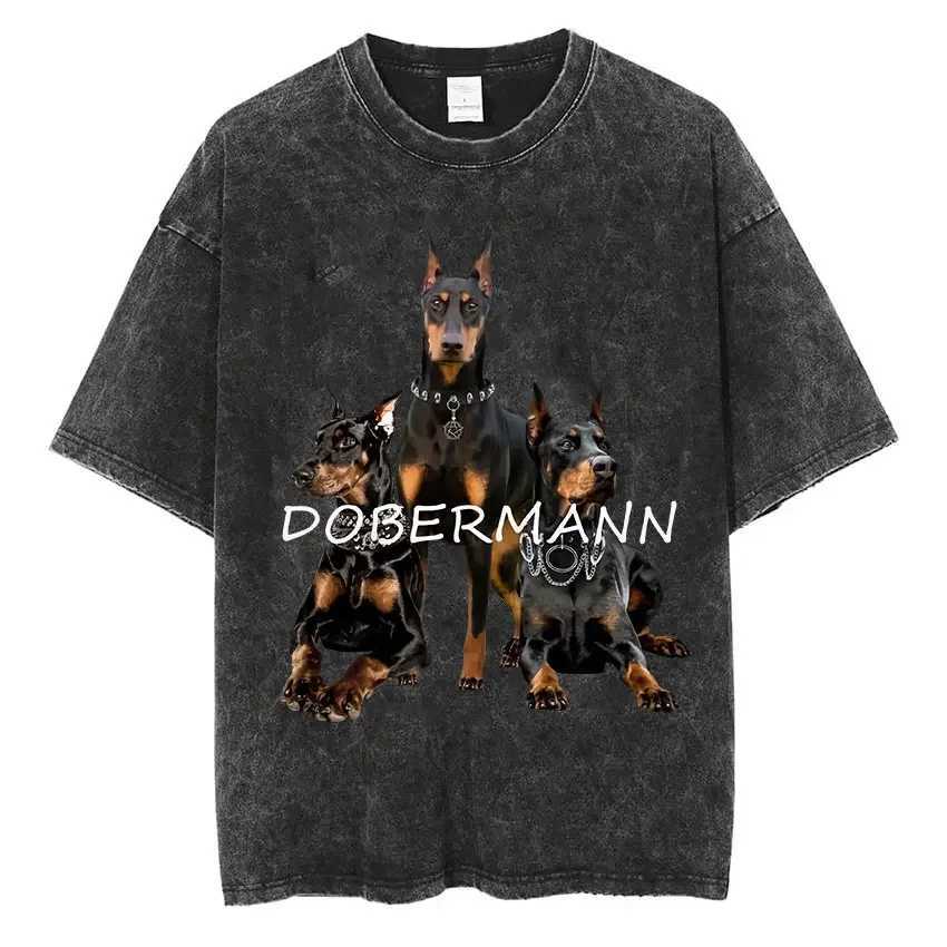 Men's T-Shirts Men Washed Vintage Short Slve T Shirts Hip Hop Rottweiler Doberman Graphic T-shirt Mens Cotton Oversized T shirt Strtwear T240515