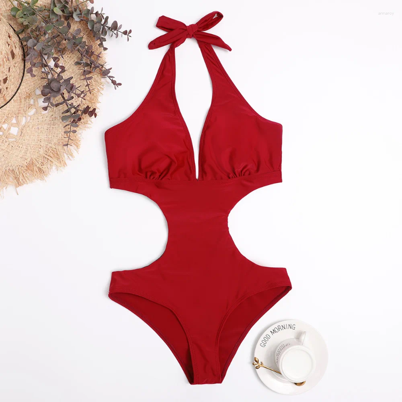 Womens Swimwear Sexy Cut Out Trikini Swimsuit For Women 2024 Solid Deep V Halter Backless One Piece Monokini Bathing Suit