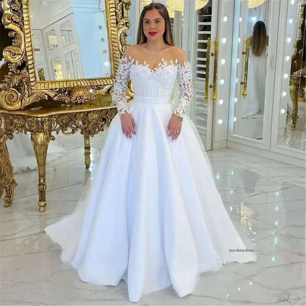 Sheer Neck A Line Wedding Dresses 2024 Lace Appliques with Beaded Bridal Gown Pleat Puffy Skirt robe de mariage 0516