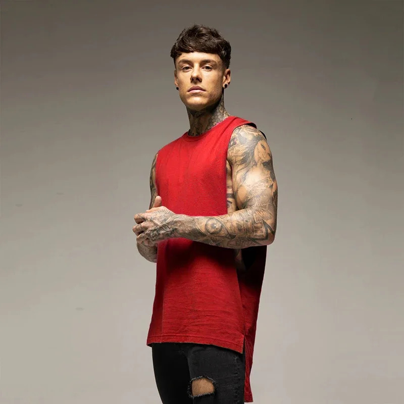 Mens Extend Cut Off Sleeveless Shirt Gym Stringer Vest Blank HipHop Muscle Tees Bodybuilding Tank Top Fitness Clothing 240507