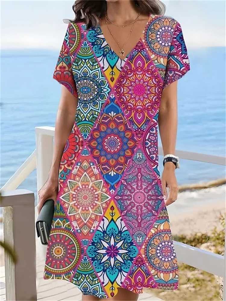 Basic Casual Dresses 2023 New Summer Vintage Dresses For Women Clothing Casual Loose V-Neck Flower Print Dress Pullovers Short Slve Oversized Dress Y2