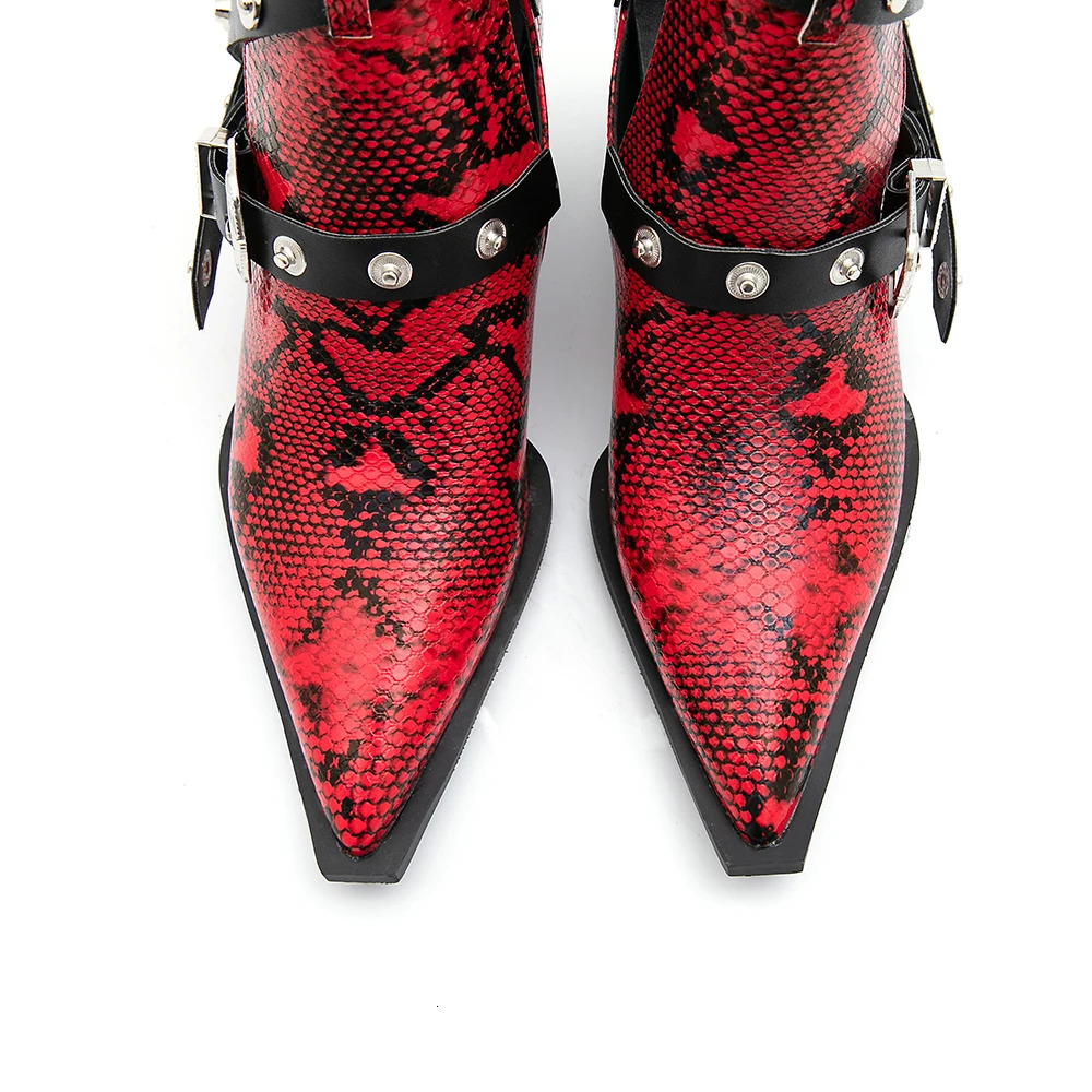 Motorcycle Western Cowboy Boots Women Snake PU Leather Short Cossac High Heels Pointed Cowgirl Booties Buckle Womens Shoes 240515 4 - view 4