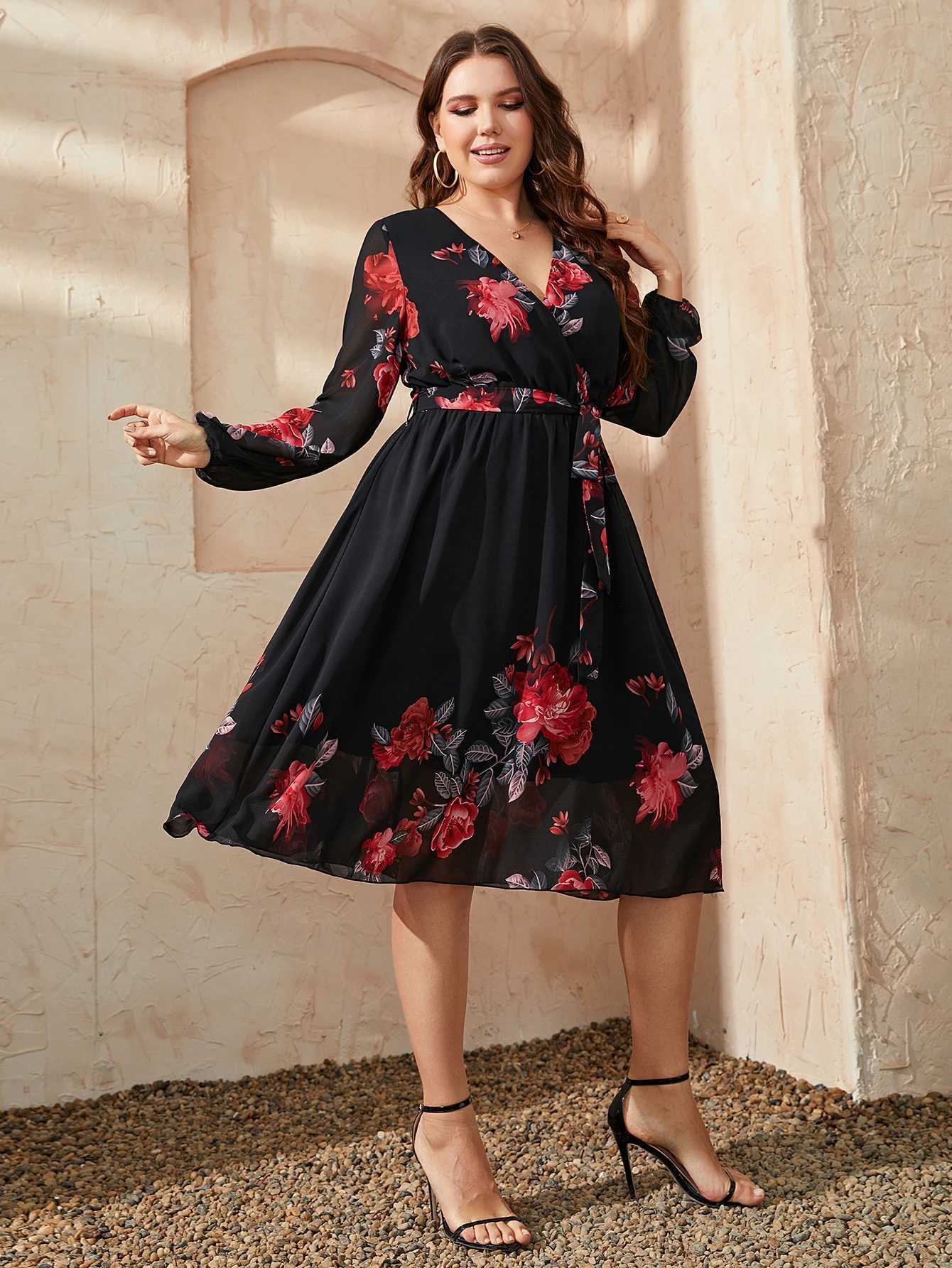 Basic Casual Dresses Chic Plus Size Floral Print V Neck Midi Belted Dress Women Casual Clothing Black Long Slve Party Elegant Vintage Dresses Y240515