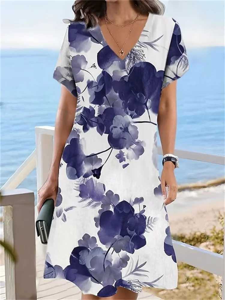 Basic Casual Dresses 2023 New Summer Vintage Dresses For Women Clothing Casual Loose V-Neck Flower Print Dress Pullovers Short Slve Oversized Dress Y2