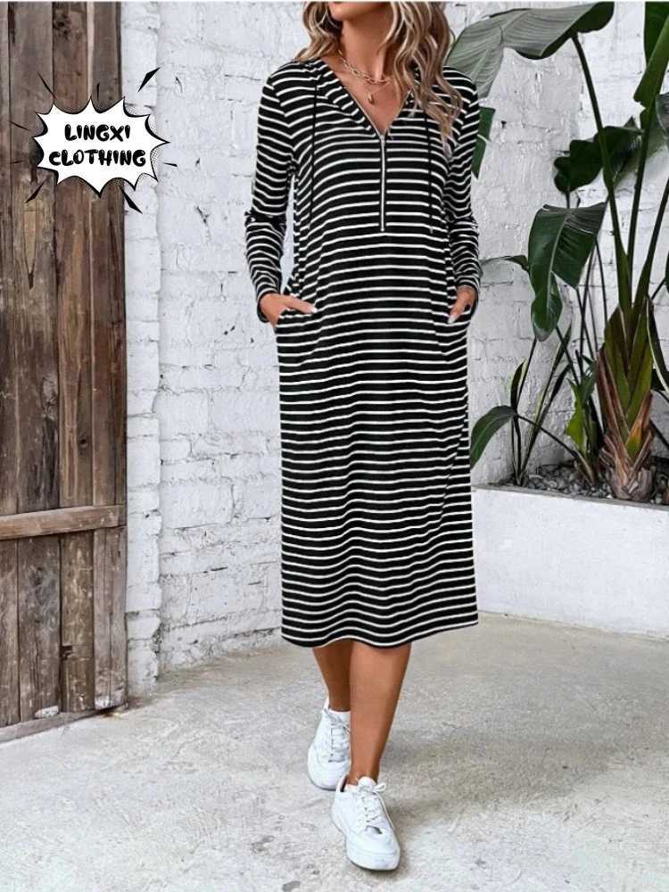 Basic Casual Dresses Winter New Womens Hooded Long Casual Sweater Long Dress Commuter Style Home Elastic Pocket Long Striped Sweater Y240515