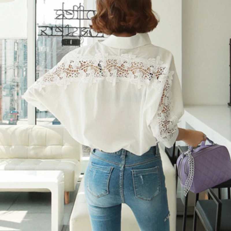 Women's Blouses Shirts Sexy Hollow Out Lace Cotton Womens Shirt Korean Stylish Fashion Woman Elegant Blouse Backless Clothes 2023 Office Lady Top