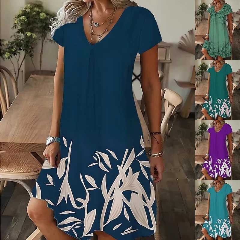 Basic Casual Dresses 2024 Casual Loose V-Neck Ladies Summer Dress Print Party Womens New Summer Pullover Short Slve Dress Fashion Plus-Size Dress Y240