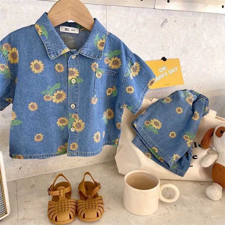 Clothing Sets Siblings Childrens Denim Set 2023 Summer Korean Fashion Sunflower Childrens Girl Shirt+Shorts Set 2-7Y Baby Boys Two Piece Set WX