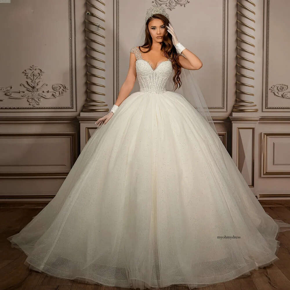 Vintage Ball Wedding Dresses 2024 Scoop Neck Bead Sequin Bridal Gown Cap Sleeve Tulle Puffy Skirt vestidos de mariage 0516