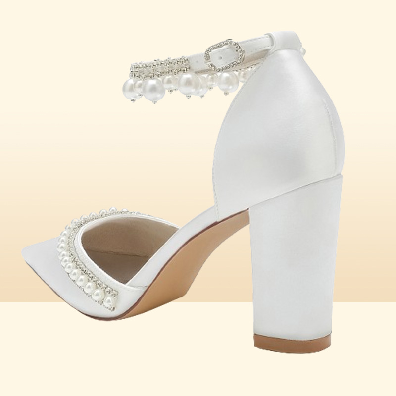 White Silk Satin Wedding Shoes Pointed Toe Elegant Pearls Sparkle Crystals Beaded Women Pumps Chunky High Heel Bridal Shoes CL0333