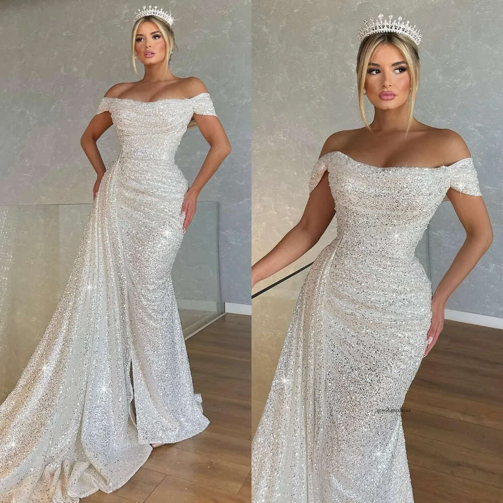 Glamourous Sequins Mermaid Dresses Off Shoulder Wedding Dress Sweep Train Robe De Mariee Bridal Gowns 0516
