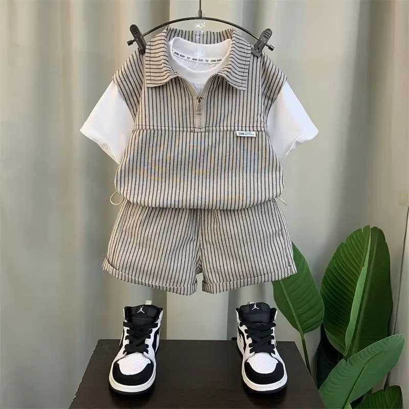 Clothing Sets Teenage Boys Summer Stripe Set Baby Childrens New Polo Set Boys Thin Short Sleeve Patch Work Shirt+Shorts 2-piece Casual Set WX