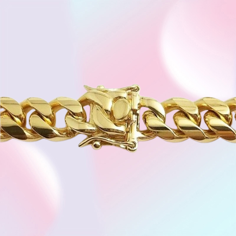 fine 18K Gold Plated chain jewelry Stainless Steel High Polished Miami Cuban Link Necklace Men Punk 15mm Curb Double Safety Clasp