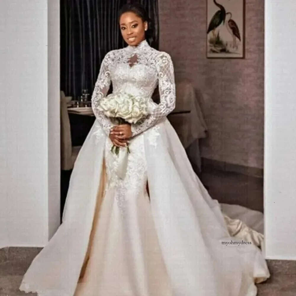 Plus Size Mermaid Wedding Aso Ebi Sheer Neck High Bride Dress Long Sleeves Dresses African Arabic Charming Train Formal Bridal Gowns 0516