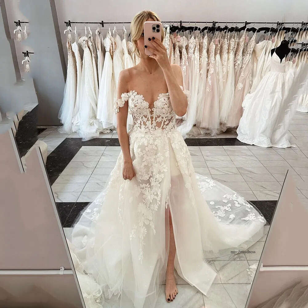 High Side Split A Line Wedding Dresses Lace Appliques Boheman Bridal Gown Illusion Off the Shoulder Garden vestidos de mariage 0516