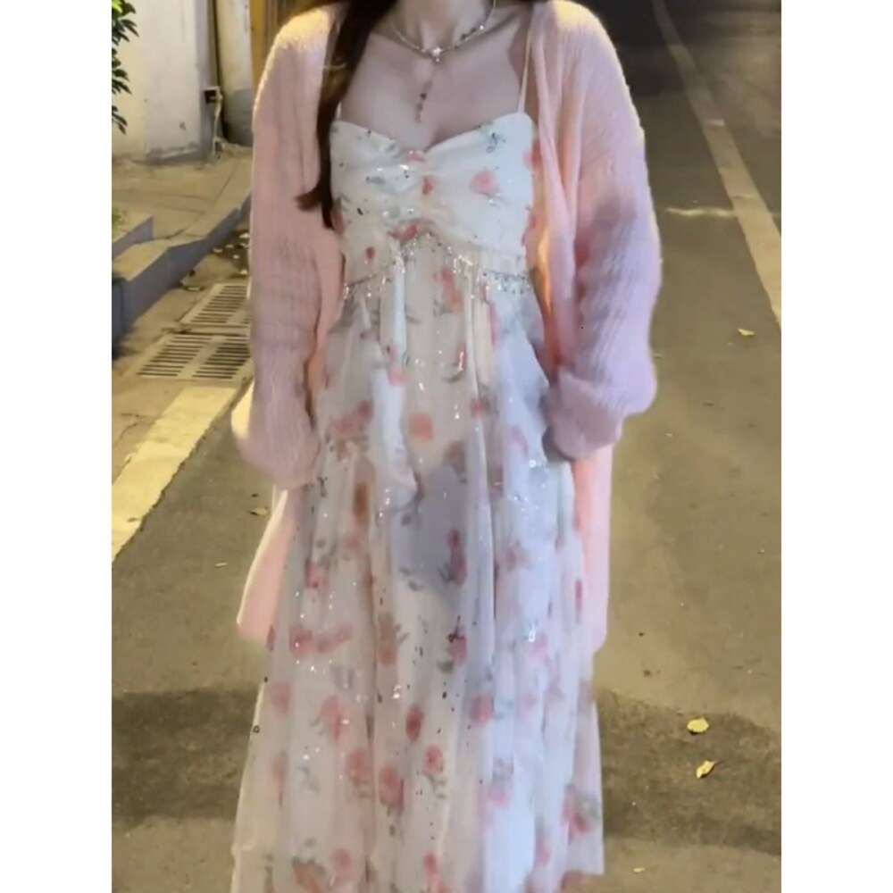 Sweet And Gentle Wind Pink Fragmented Flower And Lotus Leaf Edge Shining Fairy Sling Dress Womens Knitted Cardigan Set Spring Summer
