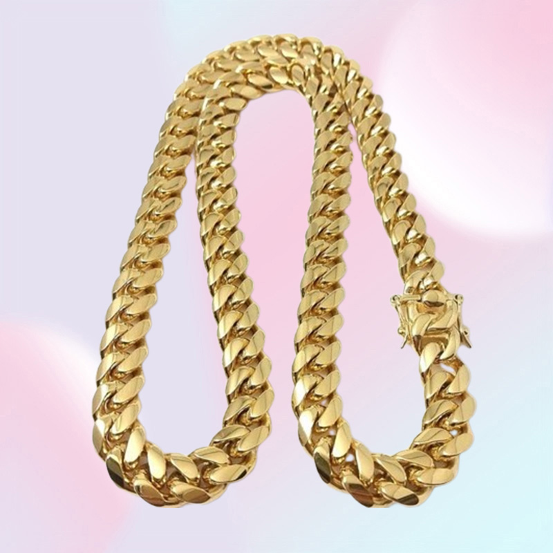 fine 18K Gold Plated chain jewelry Stainless Steel High Polished Miami Cuban Link Necklace Men Punk 15mm Curb Double Safety Clasp