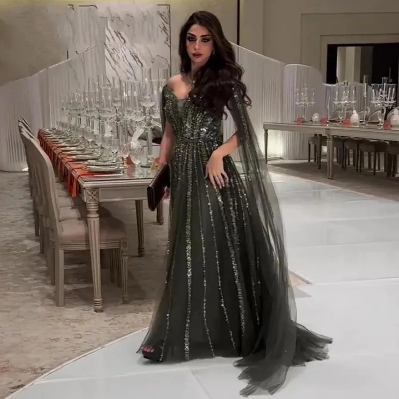 Army Green Shinning Evening Dress 2024 Cap Sleeves V-neck Sequins Beads Pleats Tulle Prom Formal Dresses Party Gowns Arabic Dubai Robe De Soiree Custo