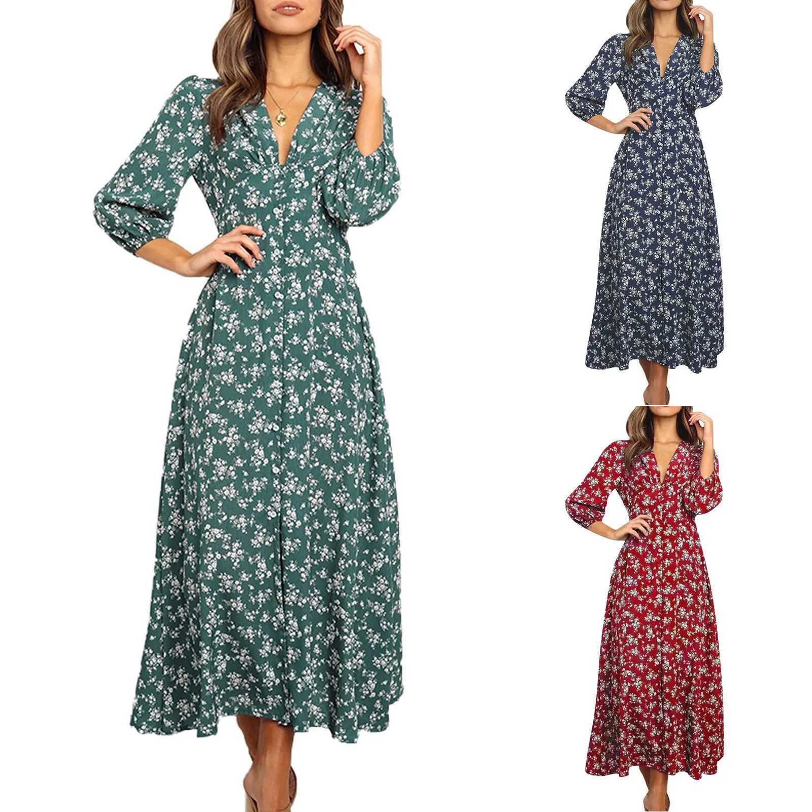 Basic Casual Dresses Womens Summer Dresses Elegant Floral Print Trendy Party Dress Sexy V Neck Long Slve Boho Slim Fit Maxi Beach Dress Y240515