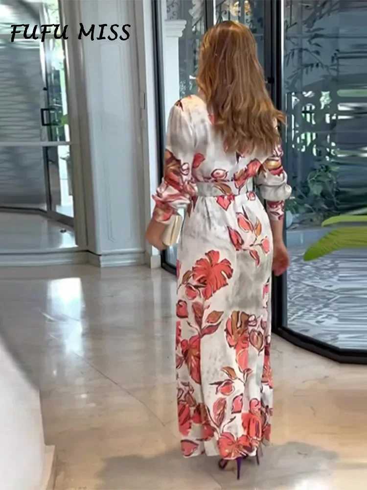 Basic Casual Dresses Women Print Dp V-neck Loose Long Dresses 2024 Female Fashion Spring Summer Full Slves Belt Big Swing Beach Party Lady Robe Y24051