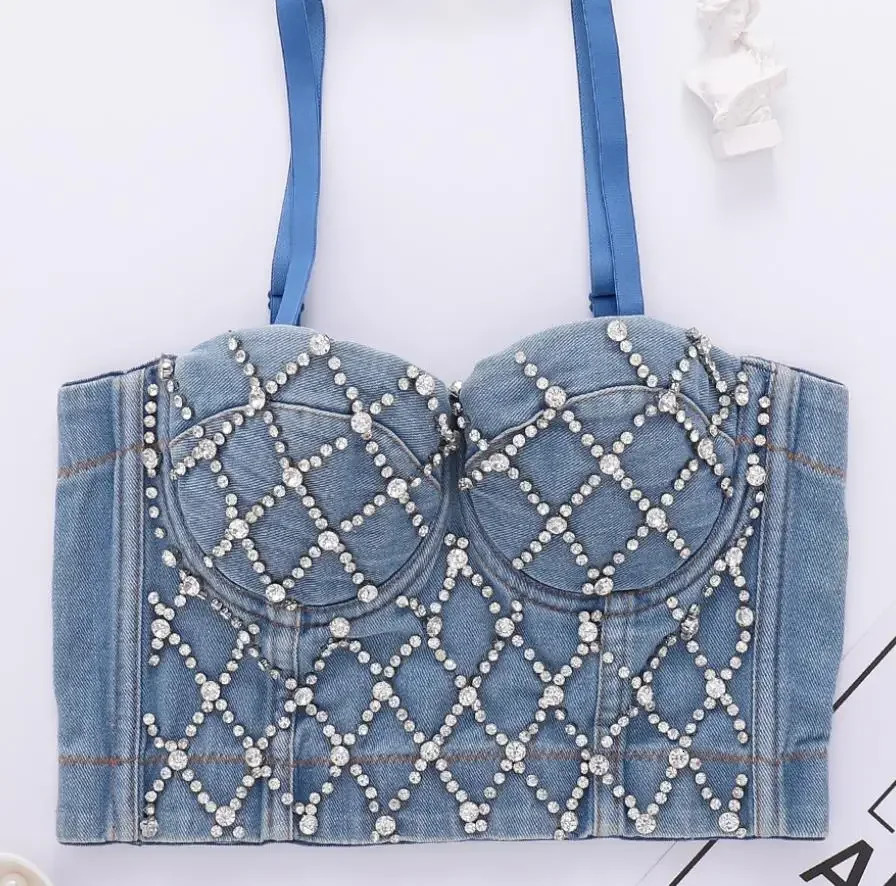 Women Denim Tube Top Corset Crop Diamond Beaded Strapless Vest Lace Up Zipper Bustier Bra Night Club Party Tank Female 240516
