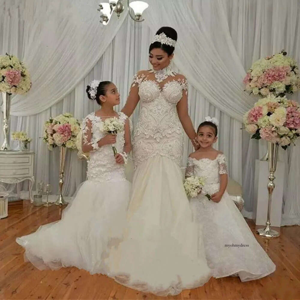 New White Mermaid Girl Dresses for Wedding Jewel Neck Long Sleeve 3D Flower Kids Pageant Gown Sweep Train Toddler Prom Wear 0516