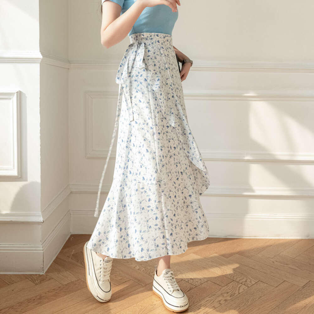 One Piece Chiffon Skirt For Womens Summer New Style With Tie Up Buttocks Wrapped Ruffled Edge Wrapped Skirt High Waisted A-line Floral Skirt