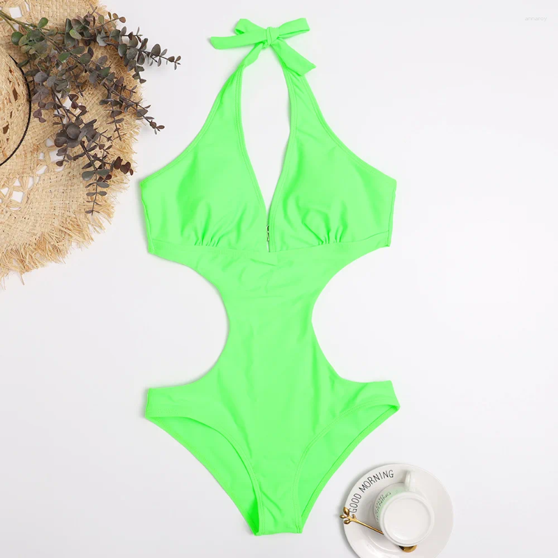 Womens Swimwear Sexy Cut Out Trikini Swimsuit For Women 2024 Solid Deep V Halter Backless One Piece Monokini Bathing Suit