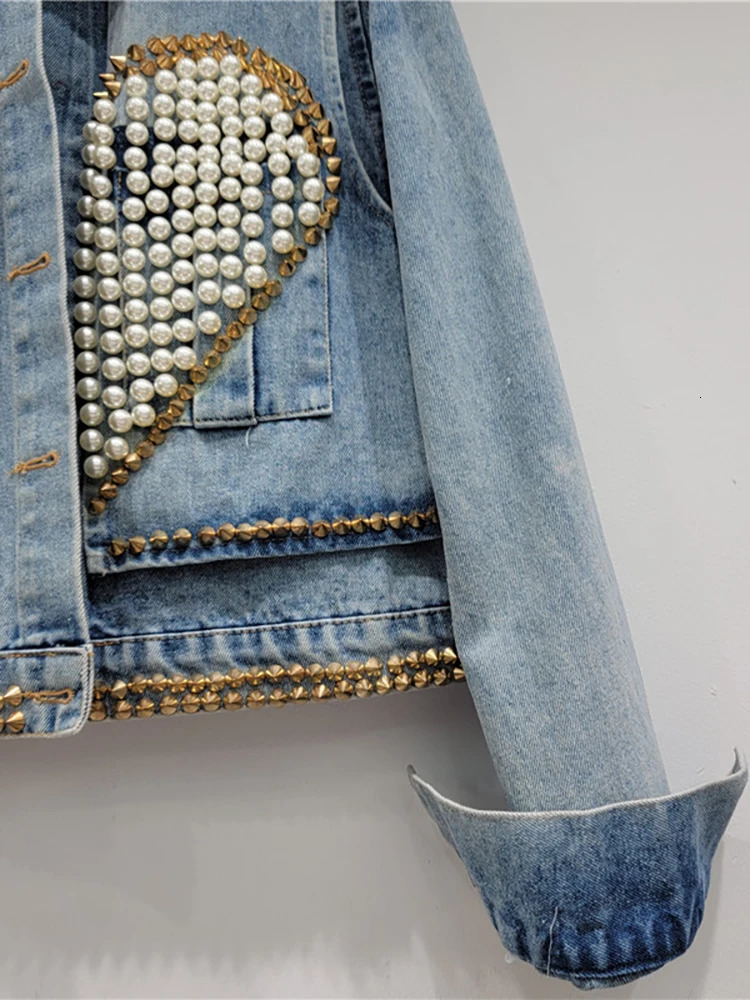 DEAT Womens Denim Coat Heart Beading Pearls Gold Rivets Loose Light Blue Long Sleeve Jackets 2024 Summer Fashion 29L2503 240515