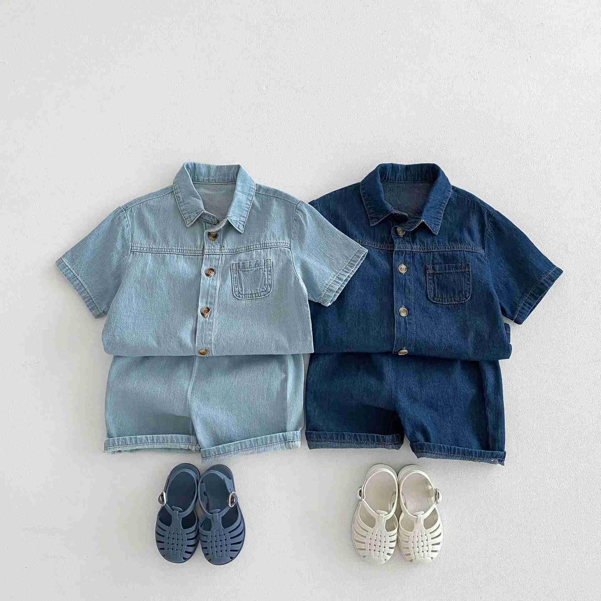 Clothing Sets Milankel childrens clothing set denim girl clothing set denim shirt and shorts 2-piece boy denim set childrens clothing WX