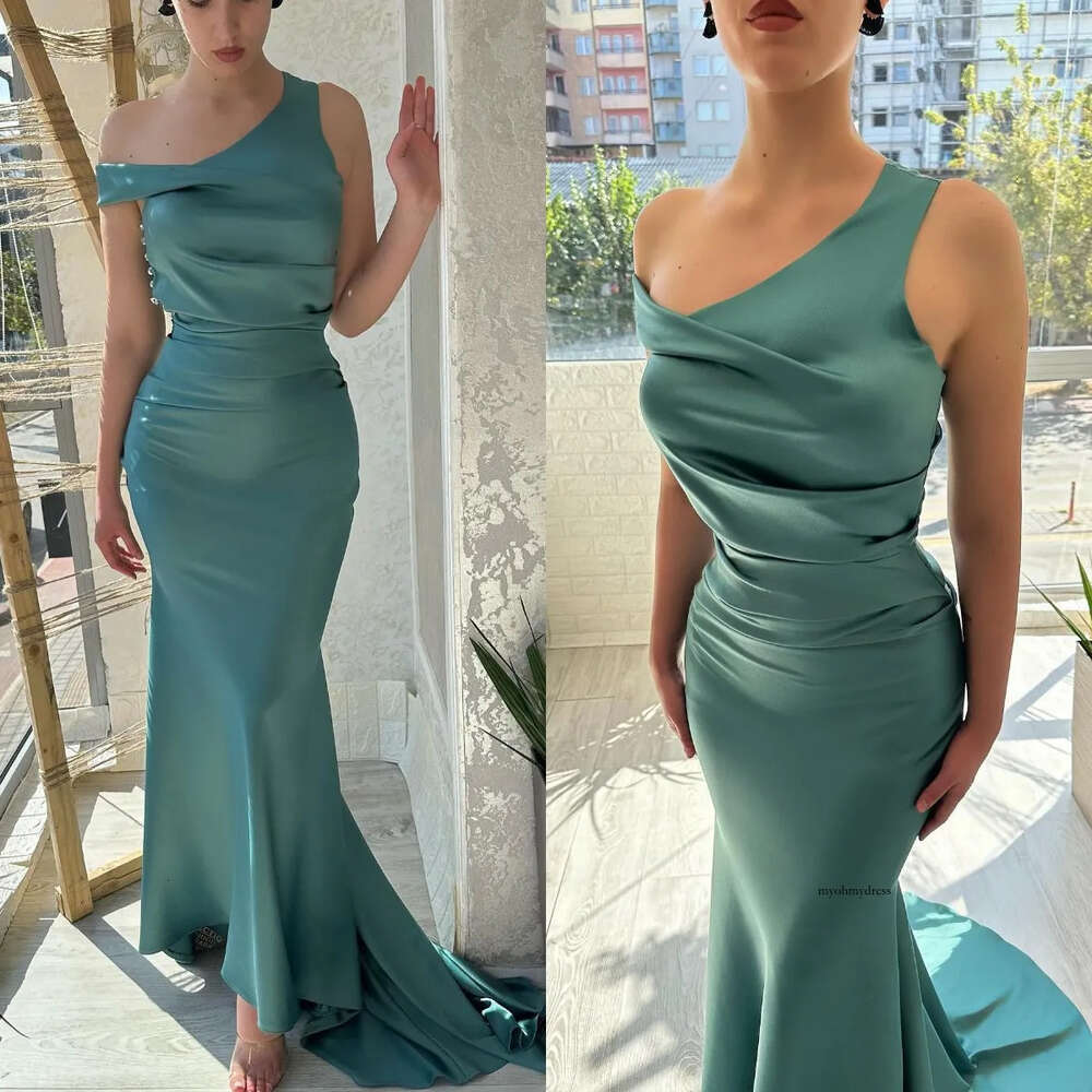 Elegant One Shoulder Mermaid Prom Dresses Satin Green Evening Dress Pleats Formal Long Special Ocn Party Dress 0516