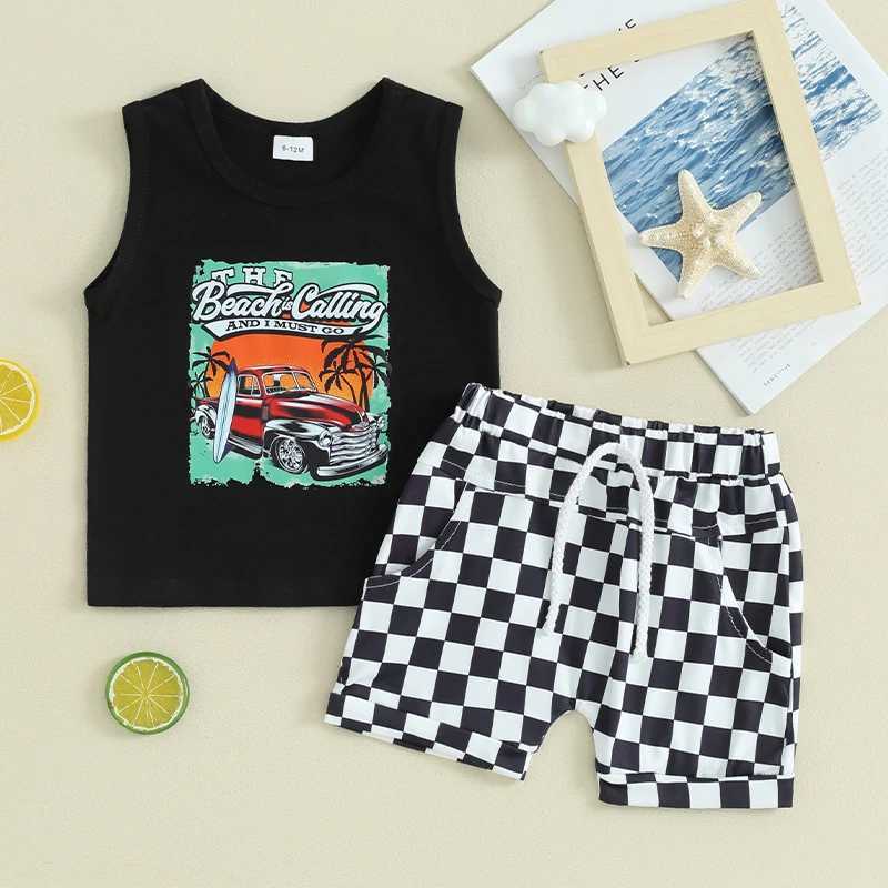 Clothing Sets Lioraitiin Preschool Boys Summer Set Letter Car Print Sleeveless Tank Top and Checkered Elastic Waist Shorts Set WX