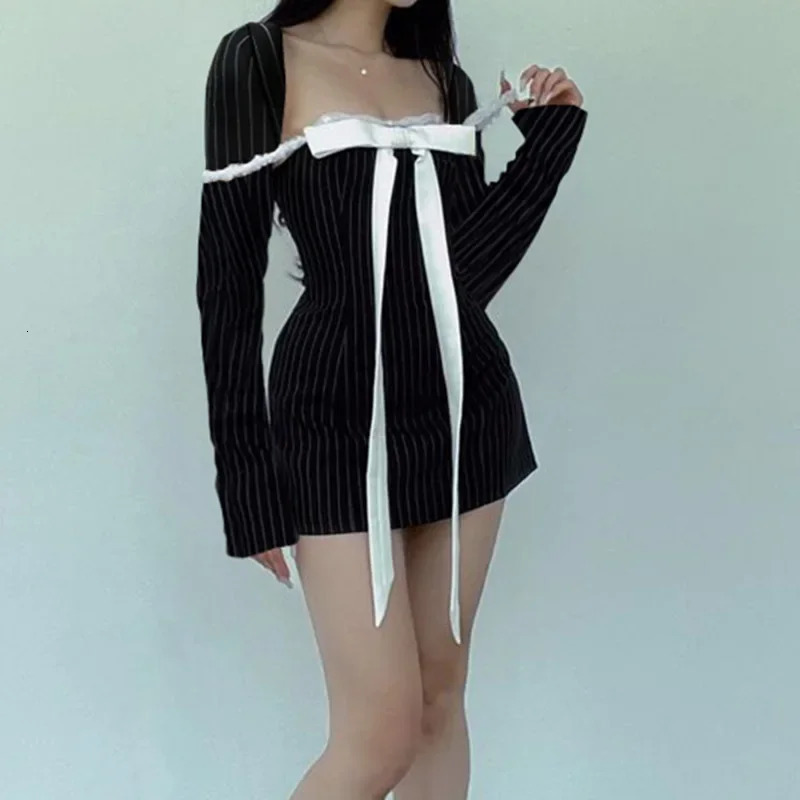 NEONBABIPINK Bow Tie Striped Long Sleeve Dress French Style Square Neck Short Dresses for Women Fall Clothes N33DC15 240513