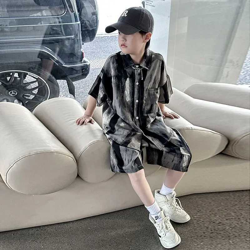 Clothing Sets Boys fashion summer Tye die short sleeved shirt+pants 2-piece set for 4-14 year old childrens trend street clothing set for childrens cl