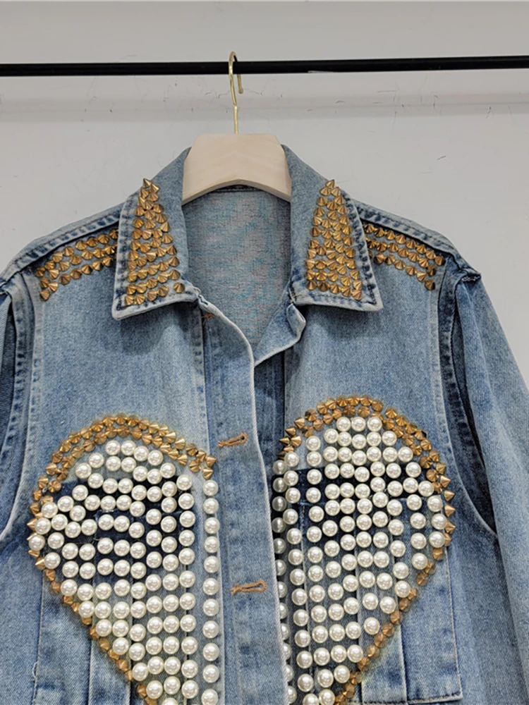 DEAT Womens Denim Coat Heart Beading Pearls Gold Rivets Loose Light Blue Long Sleeve Jackets 2024 Summer Fashion 29L2503 240515