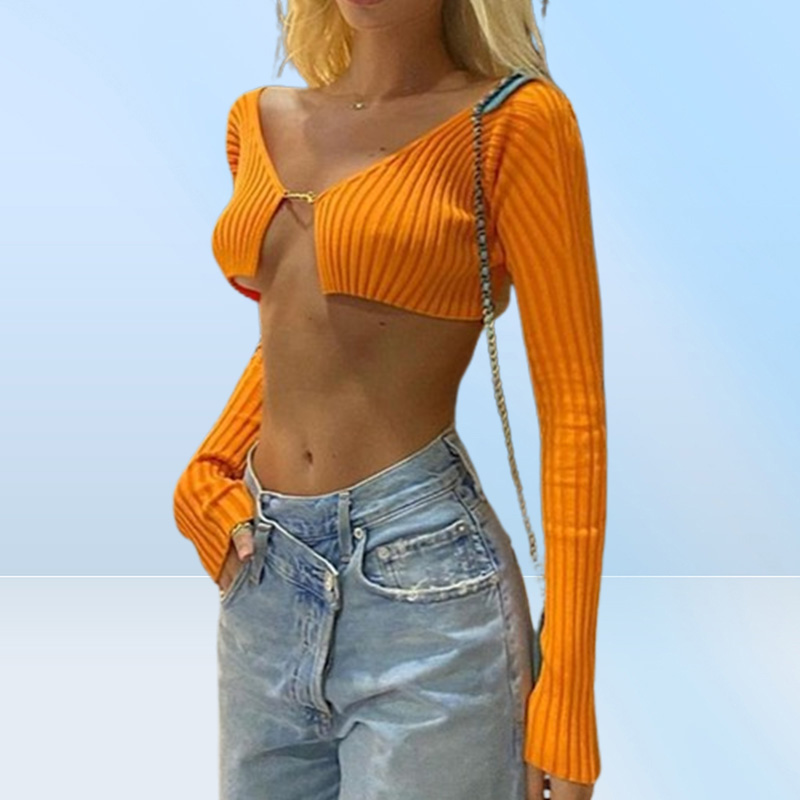 Gauges Women039s T Shirts Long Sleeve Cardigan Y2k Super Short Crop Top Women Orange High Street Low Cut VNeck TeeShirt Open Waist S