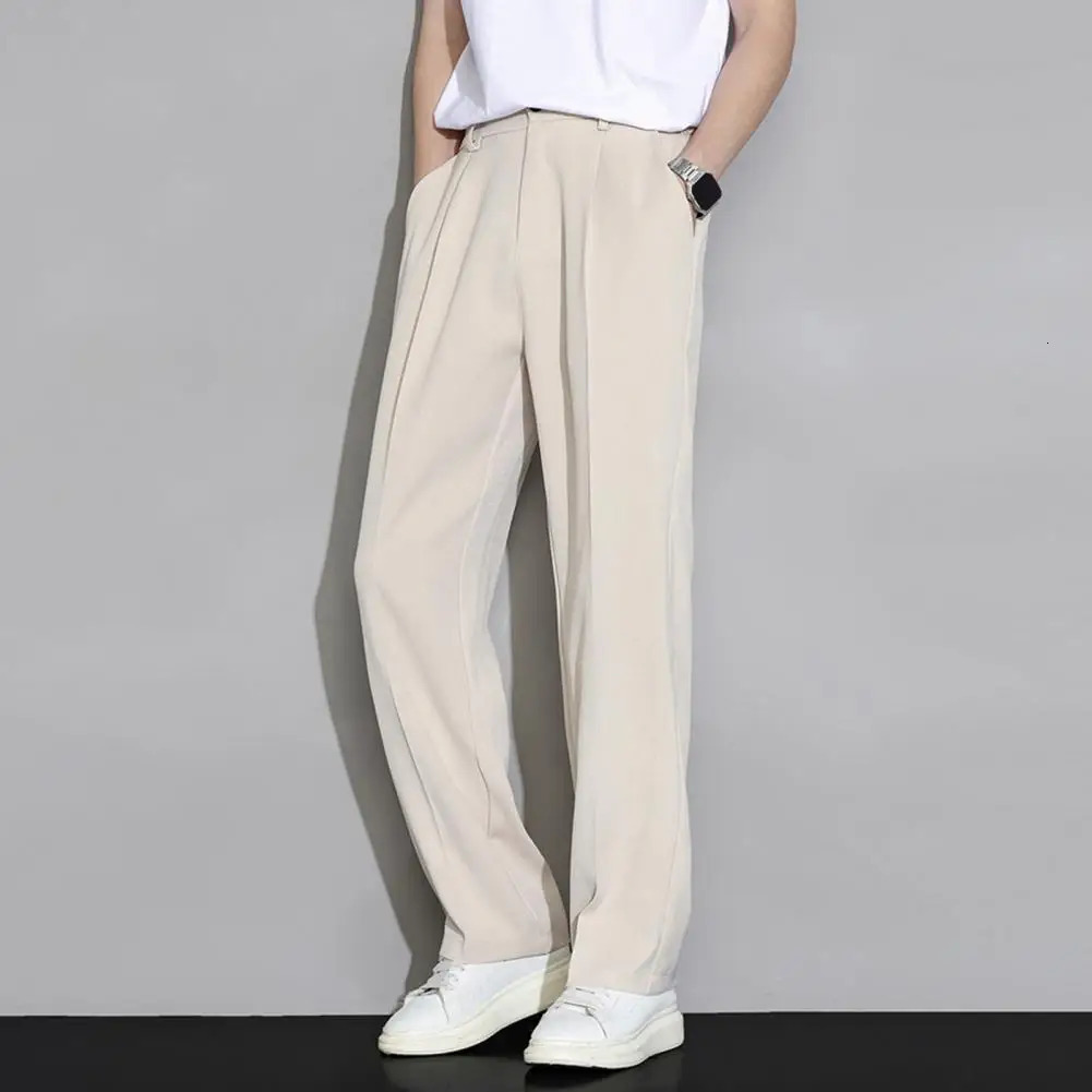 Men Pants Ice Silk Casual Long Pants Elastic Waist Buttons Fly Pockets Trousers Straight Wide Leg Draped Business Pants 240511