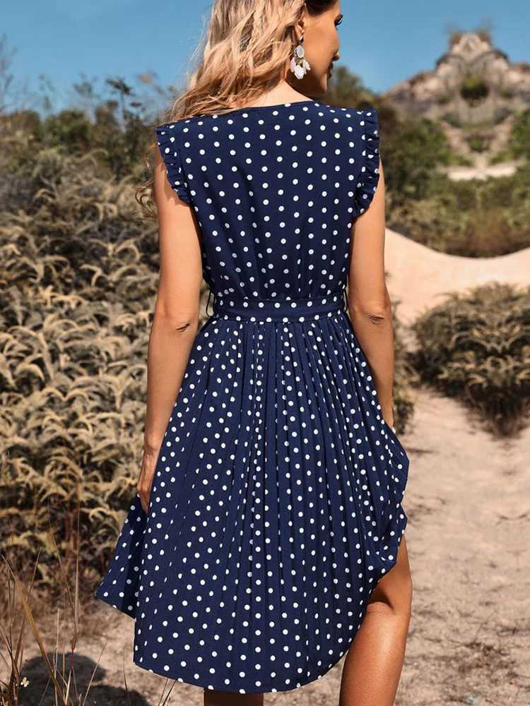 Basic Casual Dresses Summer Polka Dot Dress Women Sexy Bandage A-line Midi Beach Sundress Button Casual Blue Short Slve Pleated Party Dresses 2023 Y24