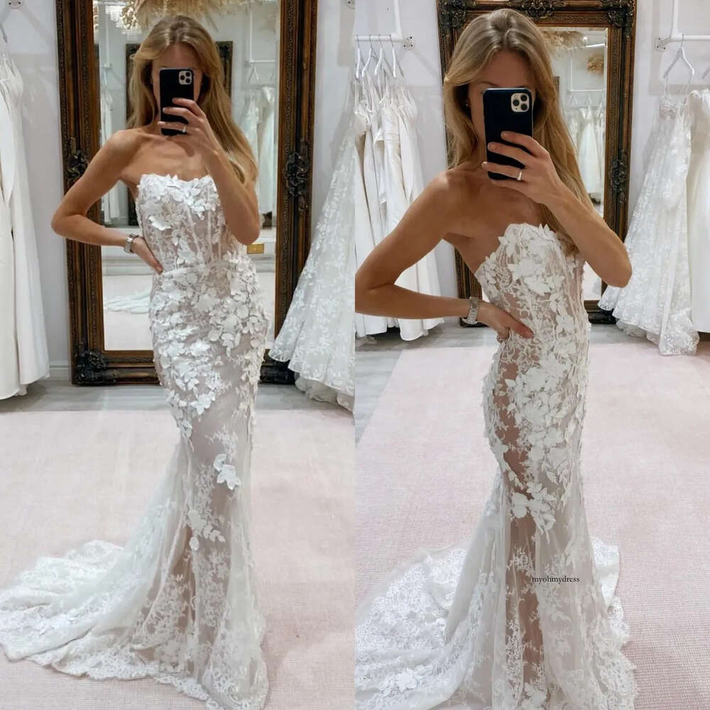 Boho Mermaid Lace Dresses Bone Bodice Strapless Country Wedding Dress Illusion Backless Wedding Bridal Gowns 0516