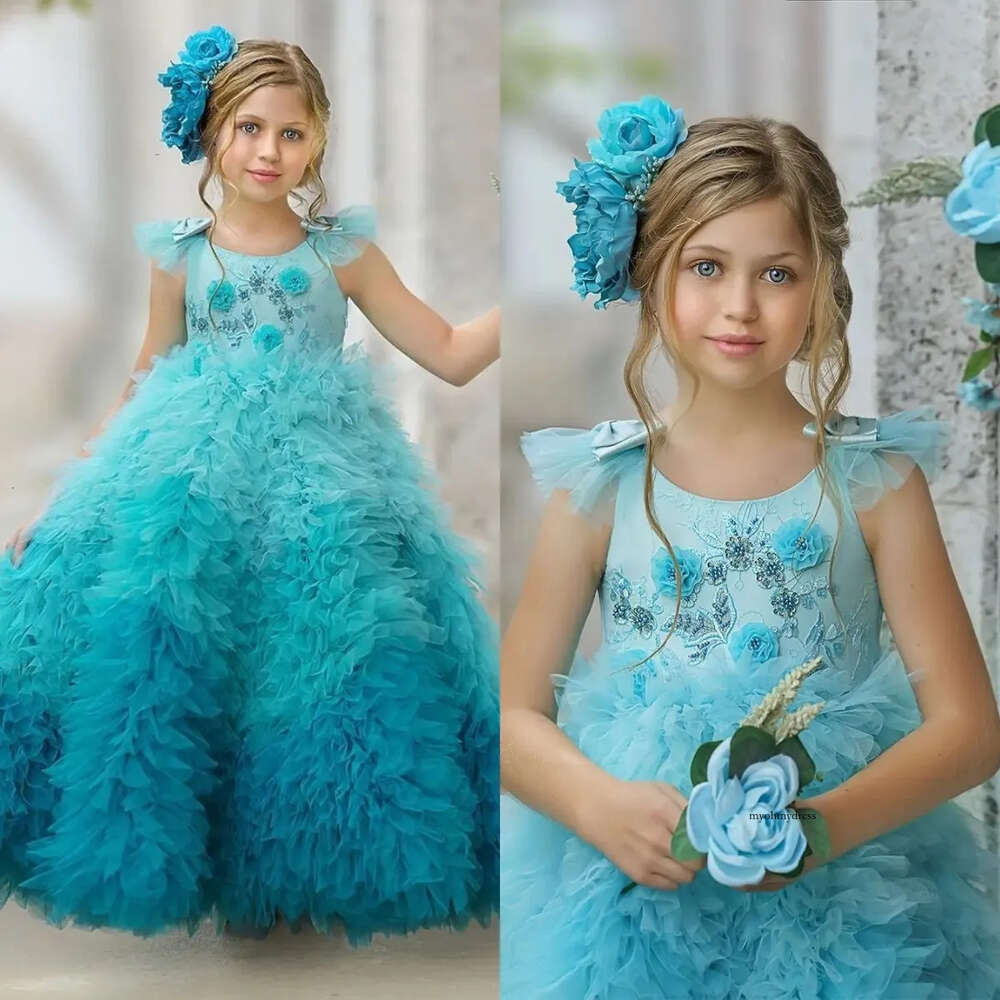 Ombre Blue Ruffle Girls Dresses Appliques Sleeveless Floral A Line Flower Girl Host Birthday Dress 0516