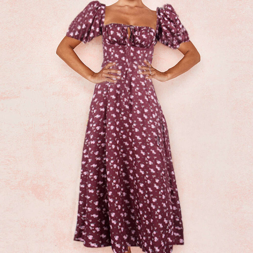 2024 Summer Women's New Fragmented Flower Square Neck Ladies Split Large hem Dress F51734